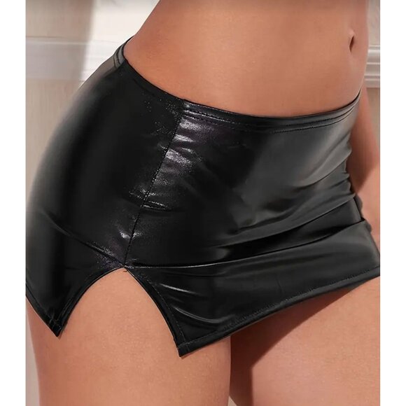 Shiny Black Faux Leather Mini Skirt*Side Slit*Sissy*Femboy*Cosplay*XL*NIP - Picture 2 of 4